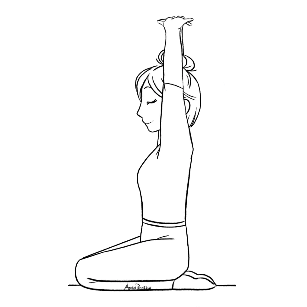 Illustration of Helen sitting in rock pose with hands interlaced above head