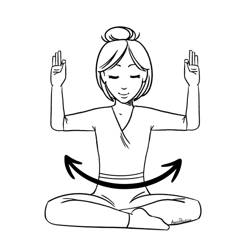 Illustration of Helen sitting in easy pose with arms parallel to the ground. forearms are straighten up, in gyan mudra