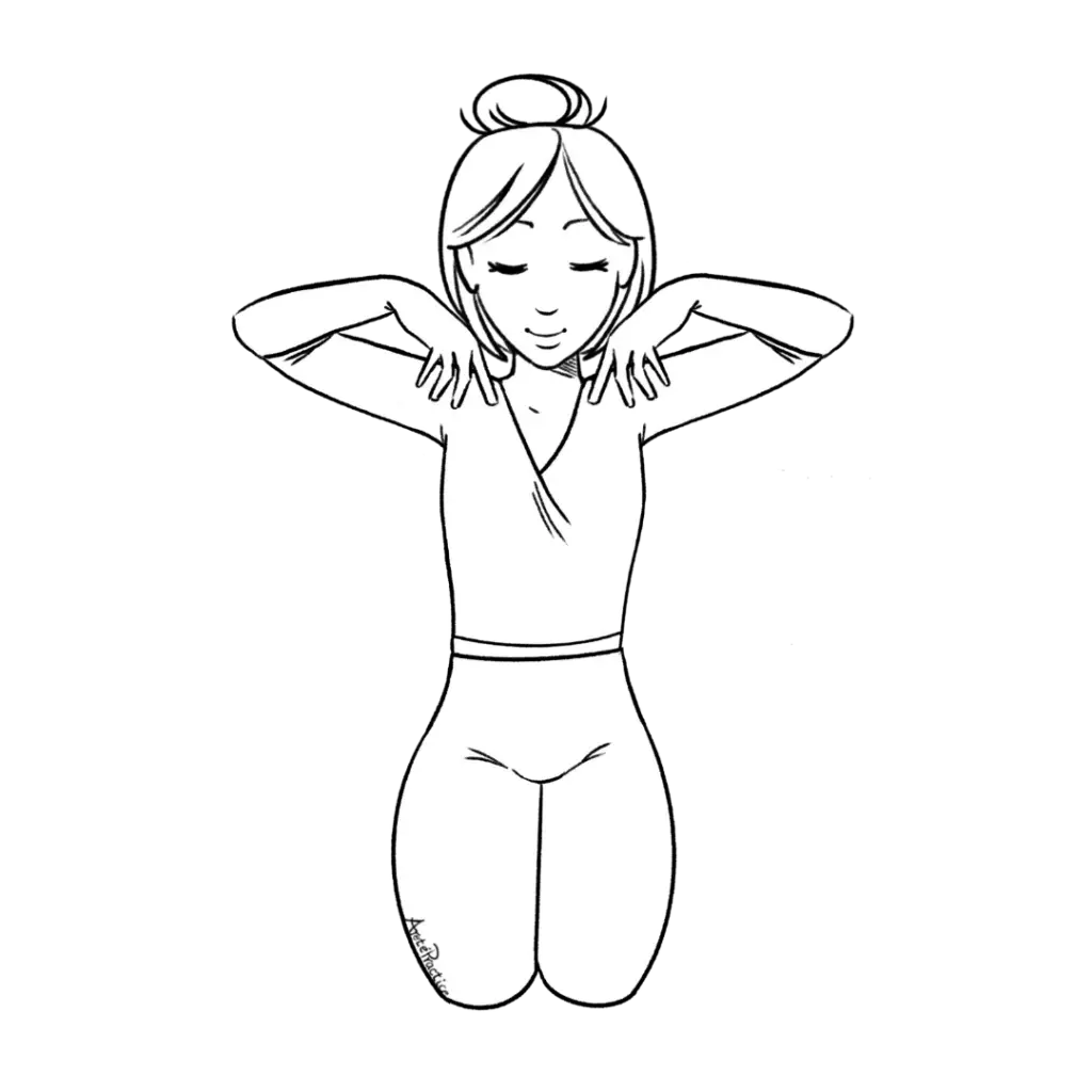 Illustration of Helen sitting in rock pose, shoulders grasping with fingers in front and thumbs behind, elbows are keep high and upper arms parallel to the ground.
