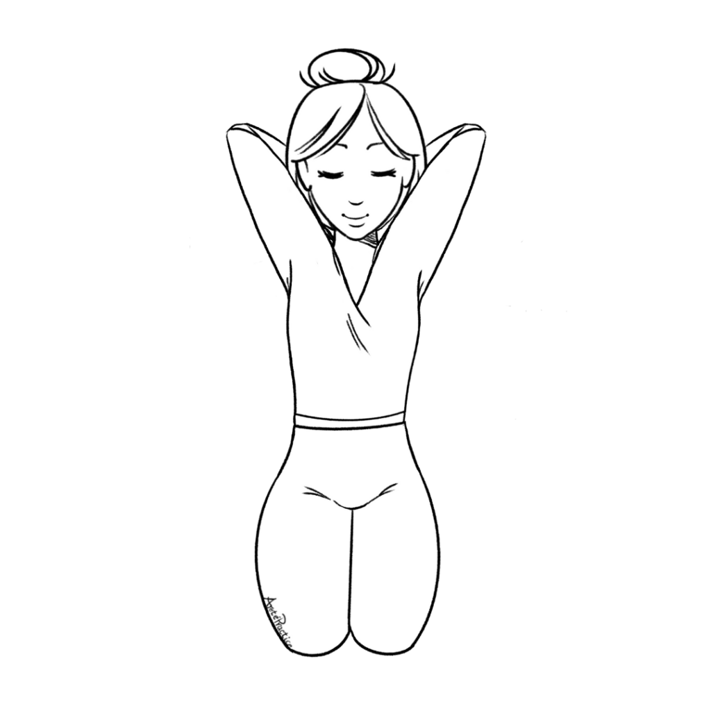 Ilustración de Helen sentada en postura de roca con las manos en los hombros y las muñecas tocando la parte posterior de su cuello.