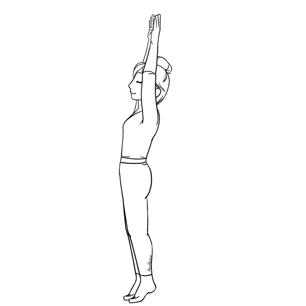 Ilustração de Helen em pé na ponta dos pés com as mãos acima da cabeça