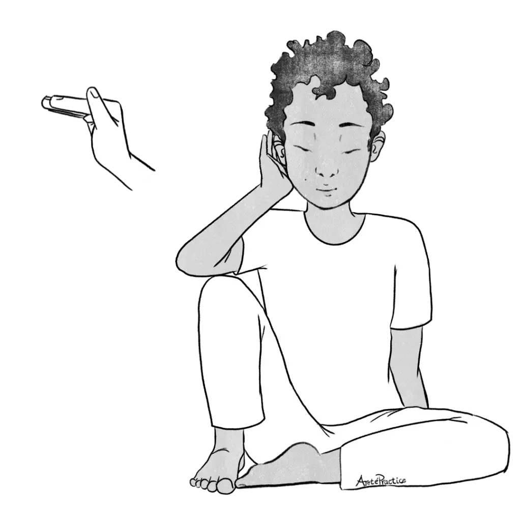 Illustration of Jerry sitting down with right knee up, right foot flat to the ground, right hand bending on the right elbow and resting on the right knee, doing the Hands cupped mudra