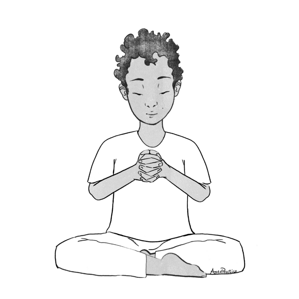 Ilustración de Jerry sentado en postura fácil (Sukhasana) con la columna recta, las manos entrelazadas y los pulgares tocándose a los costados. Coloca el mudra frente a su centro cardíaco (Anahata Chakra), con los codos apoyados a los costados. 