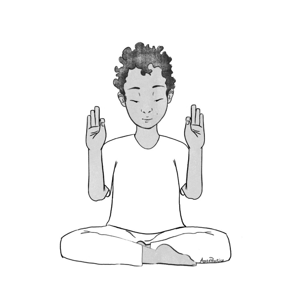 Ilustración de Jerry sentado en postura fácil, gyan mudra a la altura de los hombros.