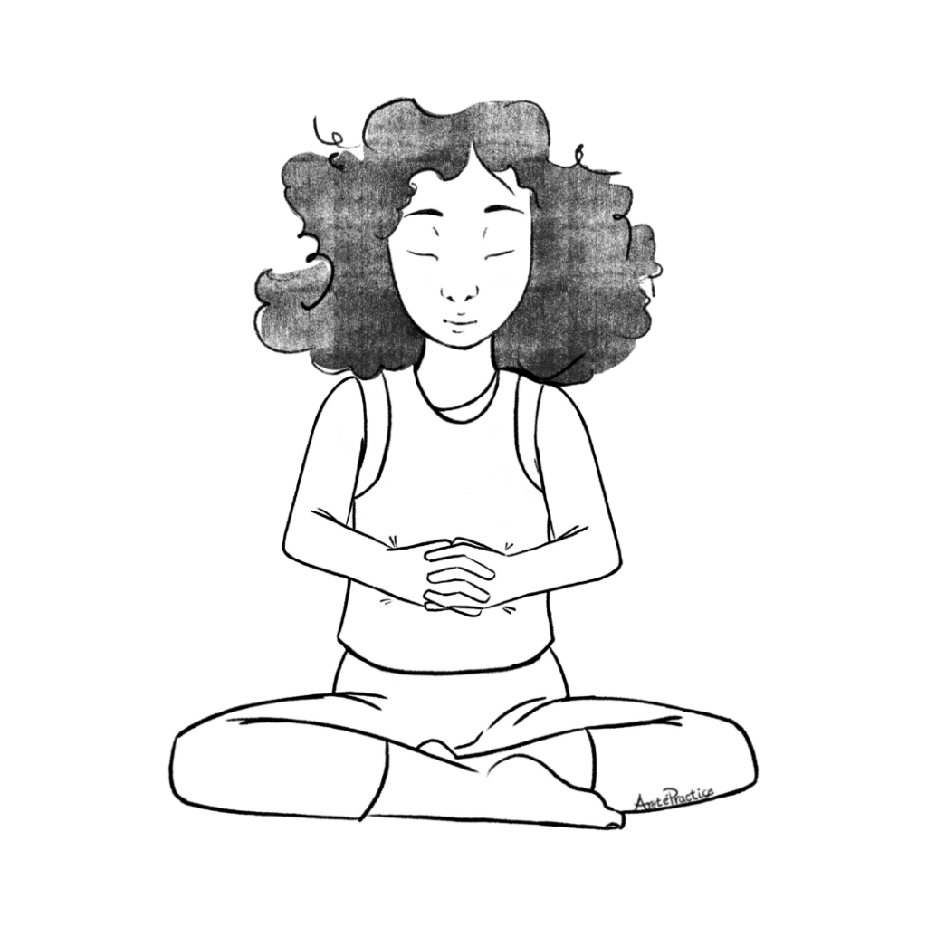 Illustration of Susan sitting in easy pose with hands interlaced at diaphragm.