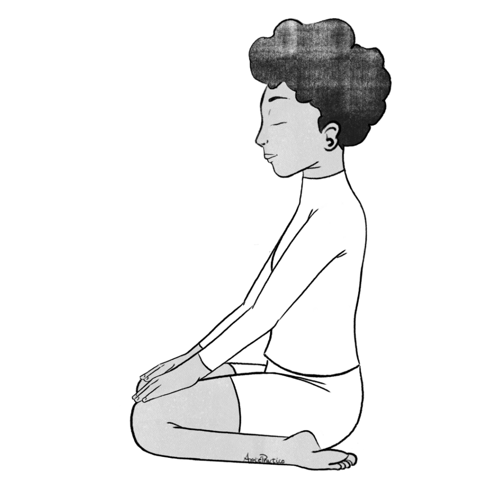 Ilustración de Elaine sentada en postura de roca con las manos en las piernas