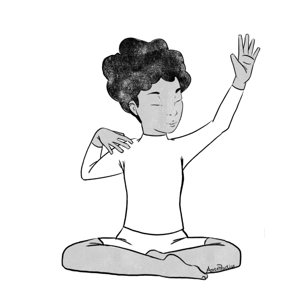 Ilustración de Elaine sentada en pose fácil, bailando con las manos sobre la cabeza.