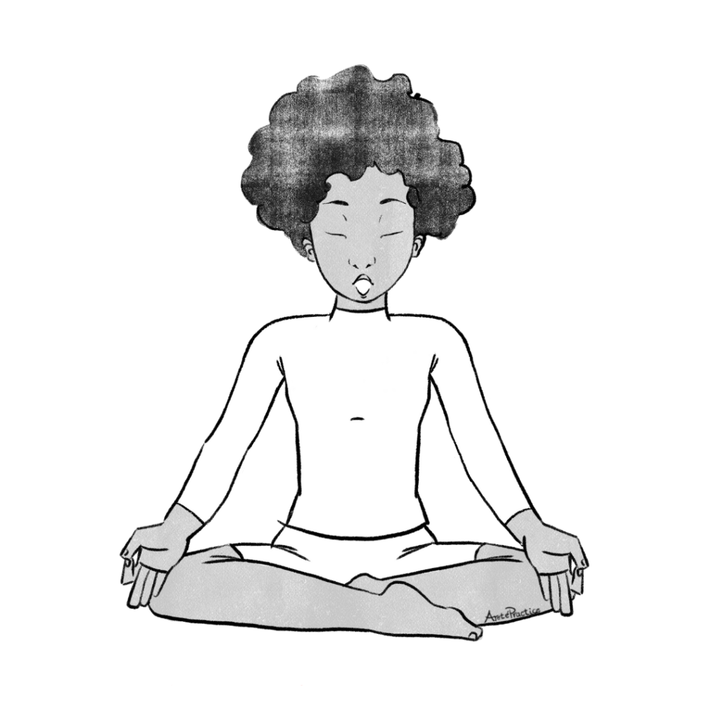 Illustration of Elaine sitting in easy pose with hands in gyan mudra and O mouth