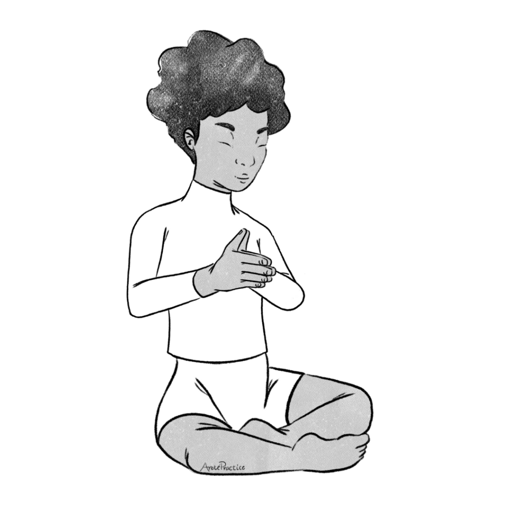 Ilustración de Elaine sentada en postura fácil con las manos en mudra de oración, apuntando hacia adelante