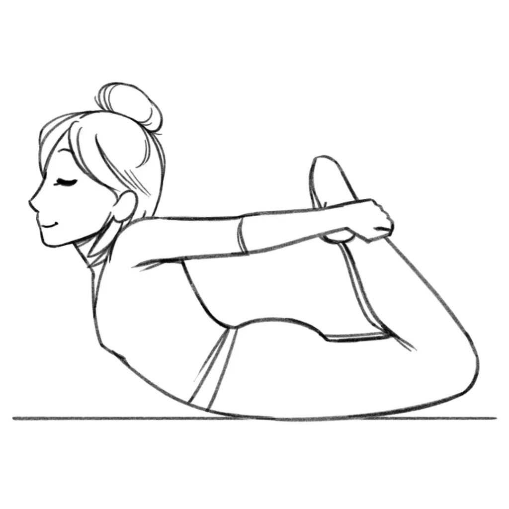 Illustration of Helen laying down in bow pose, neutra position