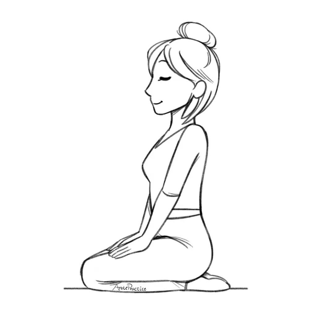 Illustration of Helen in Spinal Flex, sitting in rock pose, hands on knees