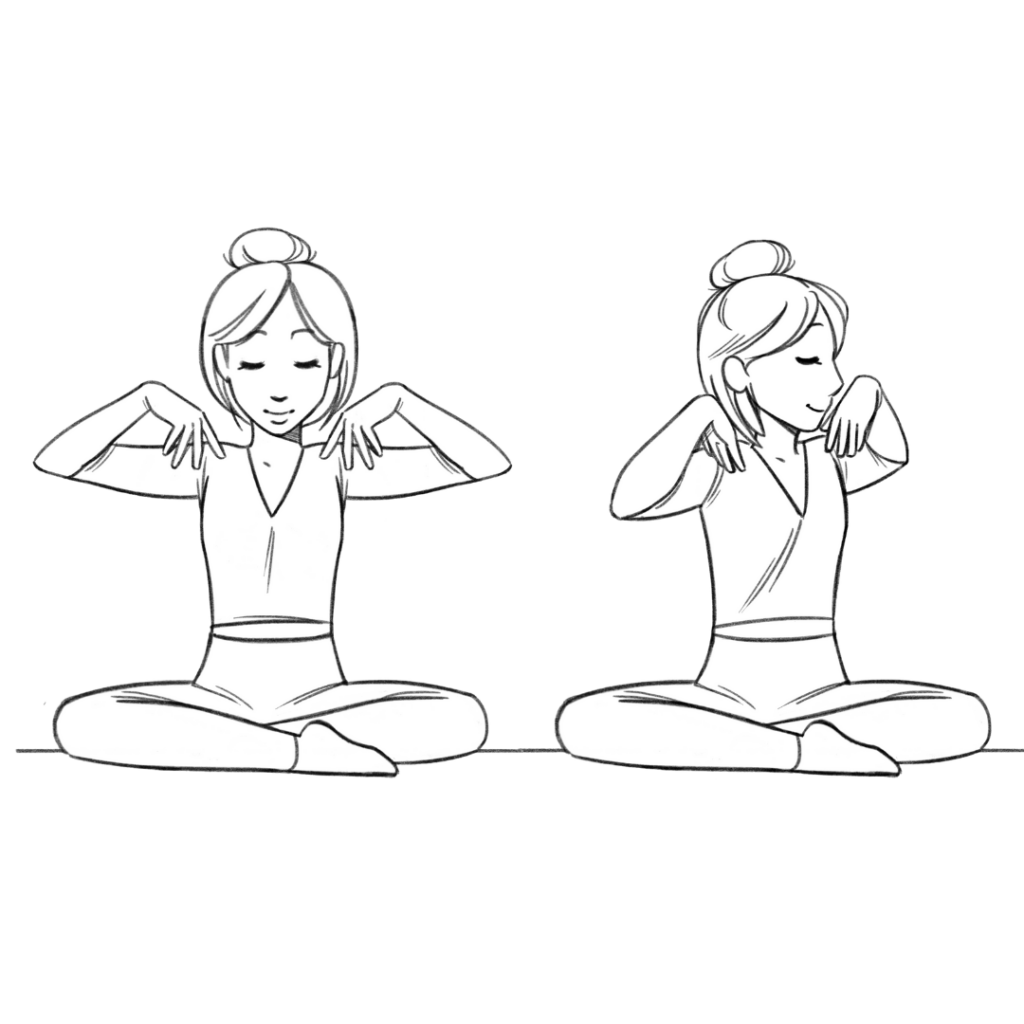 Illustration of Helen doing spinal twist, forward view and side view