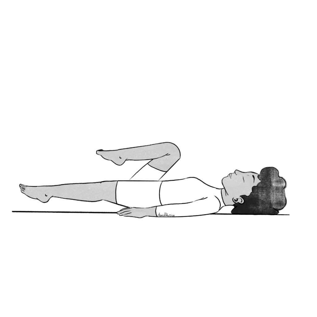 Illustration of Elaine laying down with face up doing bicycle pose