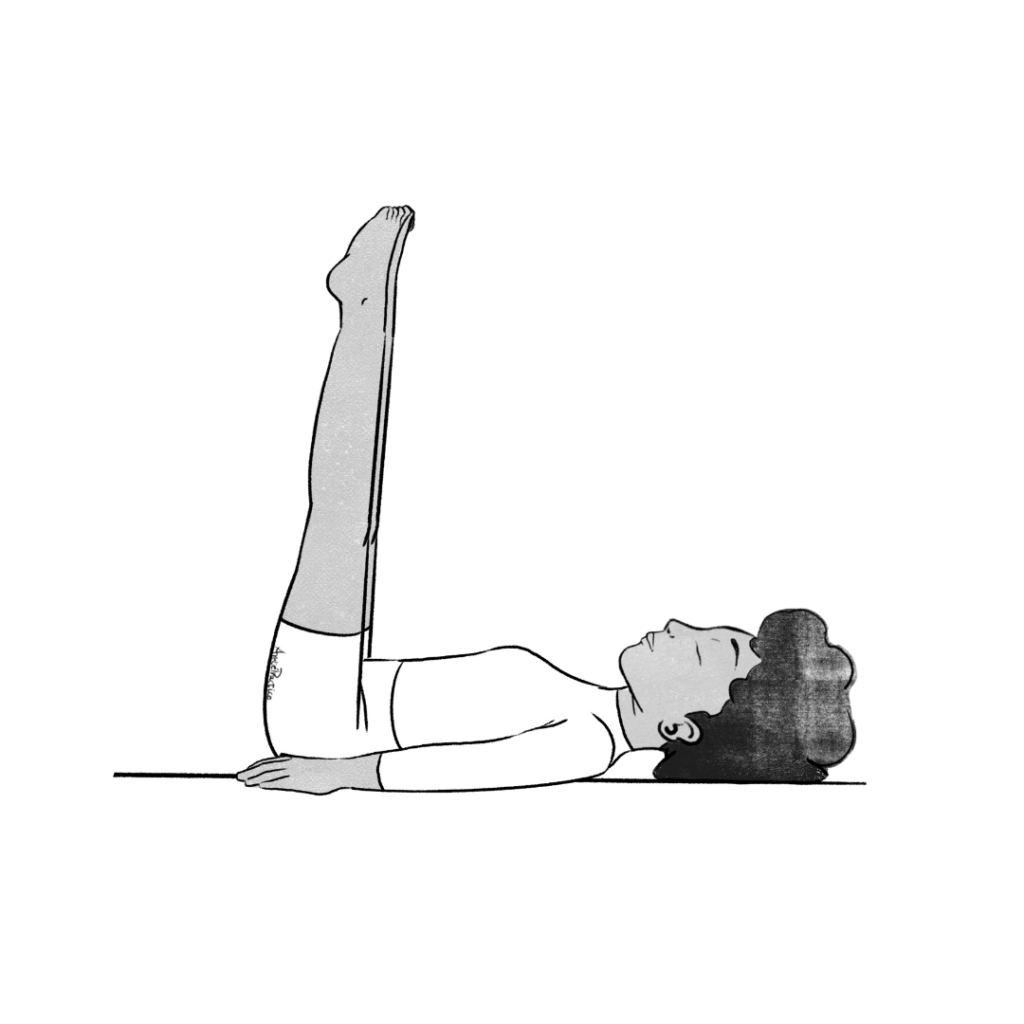 Ilustración de Elaine acostada boca arriba y con las piernas hacia arriba en un ángulo de 90 grados.