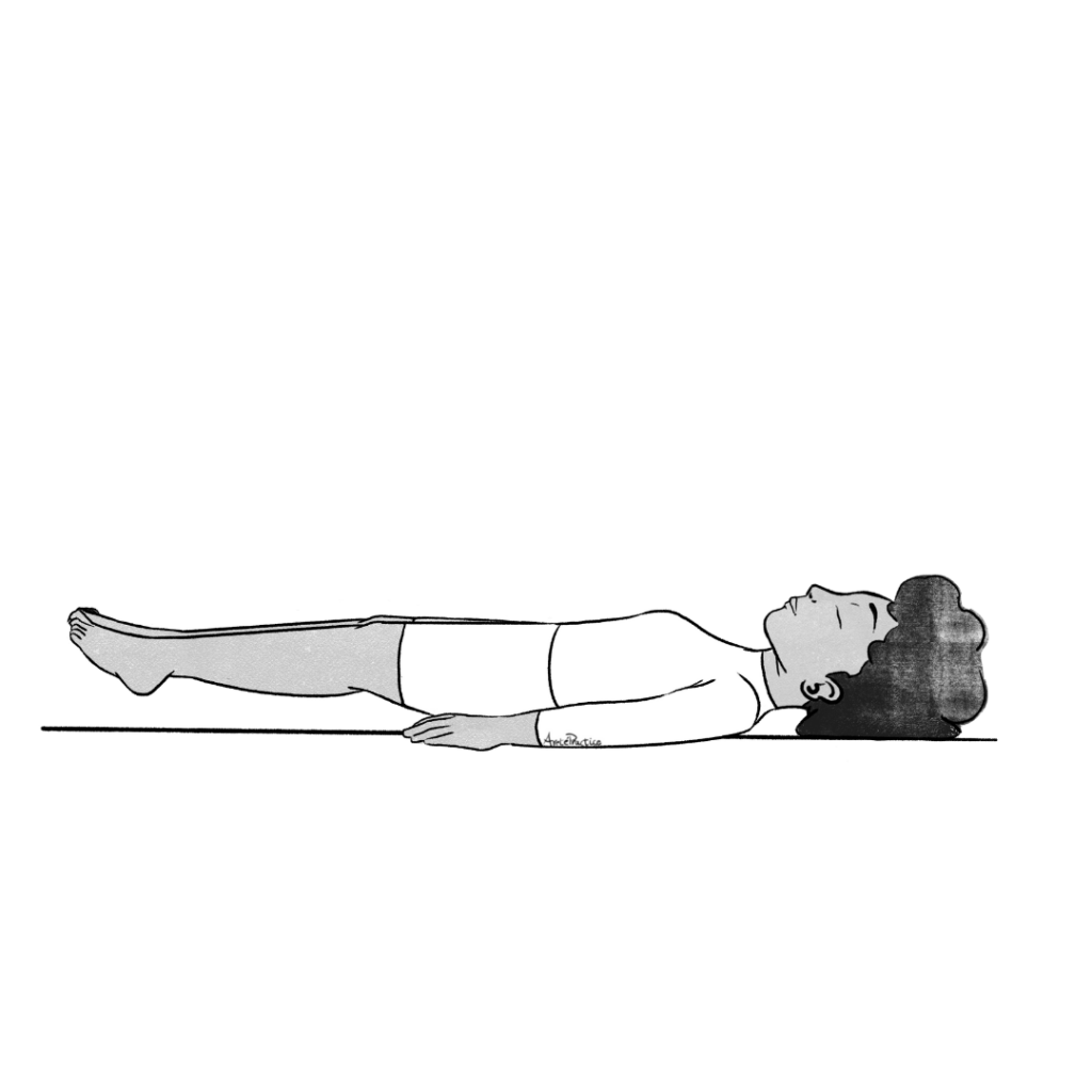 Illustration of Elaine laying down, face up, and in modified stretch pose with head on ground