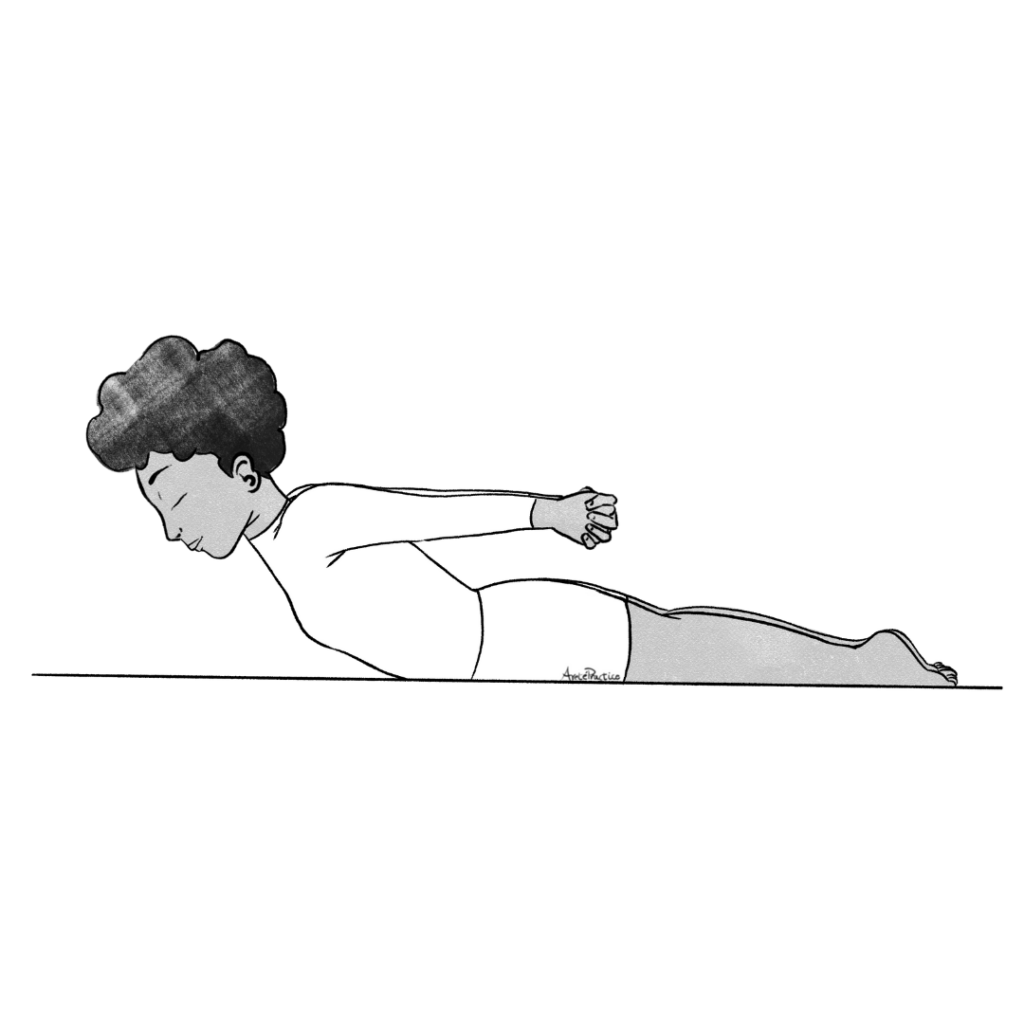 Illustration of Elaine laying down, face down, hands behind back and stretching upwards
