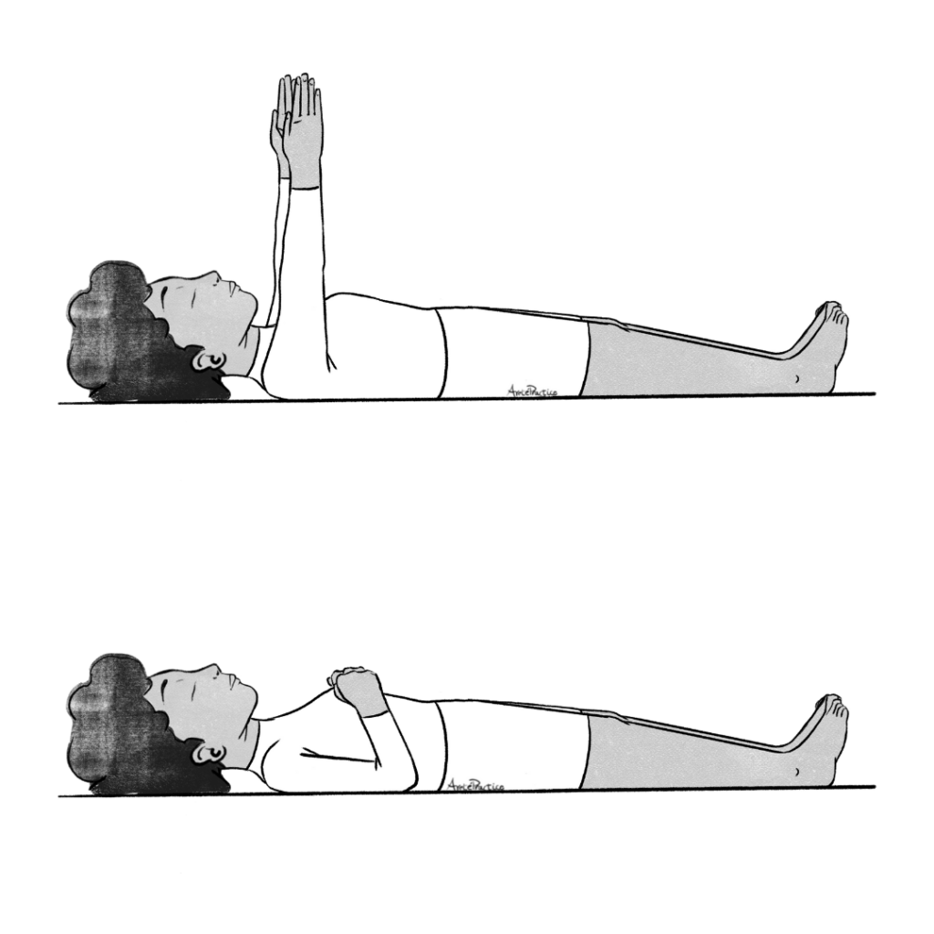 Ilustração de Elaine deitada de bruços. As mãos estão paralelas uma à outra. 2ª pose, as mãos estão tocando o estrênio.
