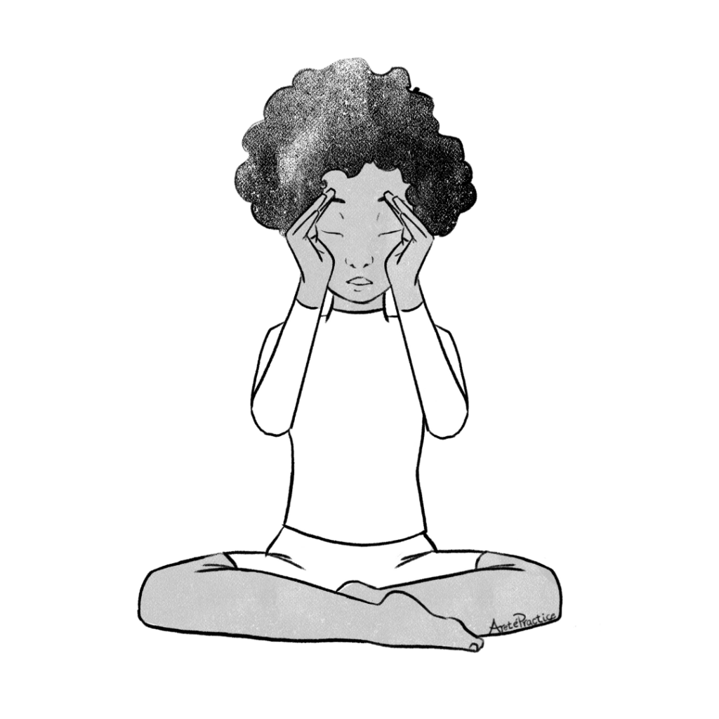 Ilustración de Elaine sentada en pose fácil con las manos curvadas y enmarcando el rostro.