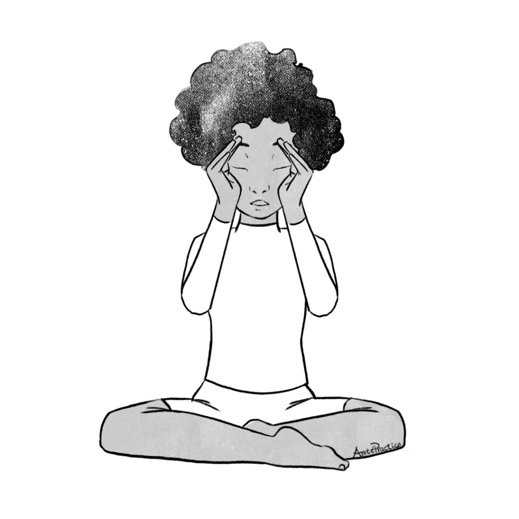 Illustration of Elaine sitting in easy pose with hands curved and framing the face