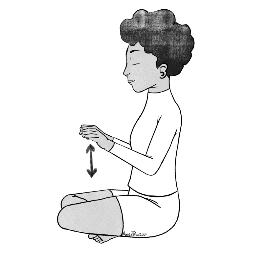 Illustration of Elaine sitting in easy pose with arms side by side and hands in bouncing balls