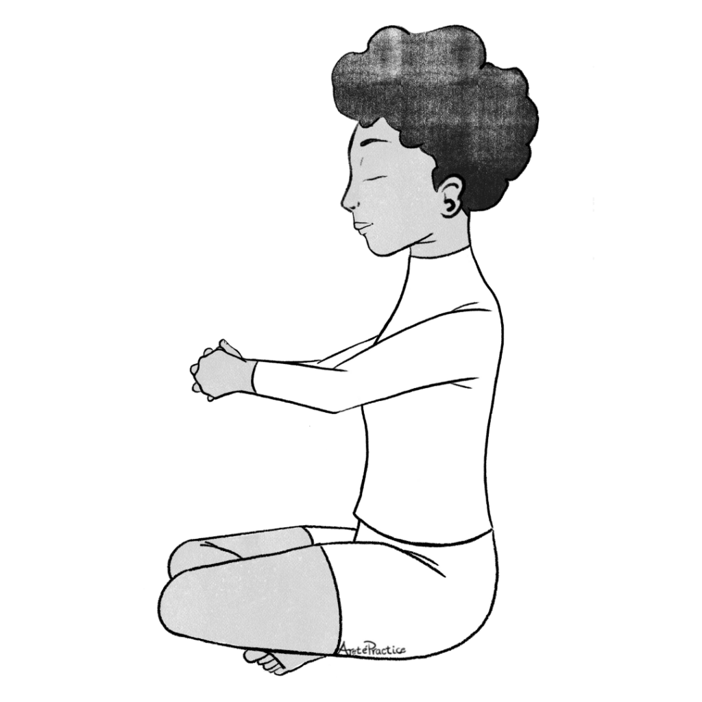 Ilustração de Elaine sentada em posição confortável com as mãos entrelaçadas na altura do coração, estendidas a partir do coração.