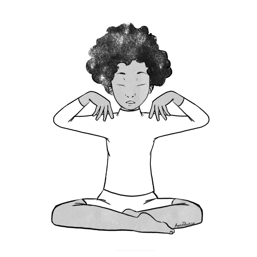 Ilustração de Elaine sentada em pose fácil com as mãos nos ombros para torções da coluna