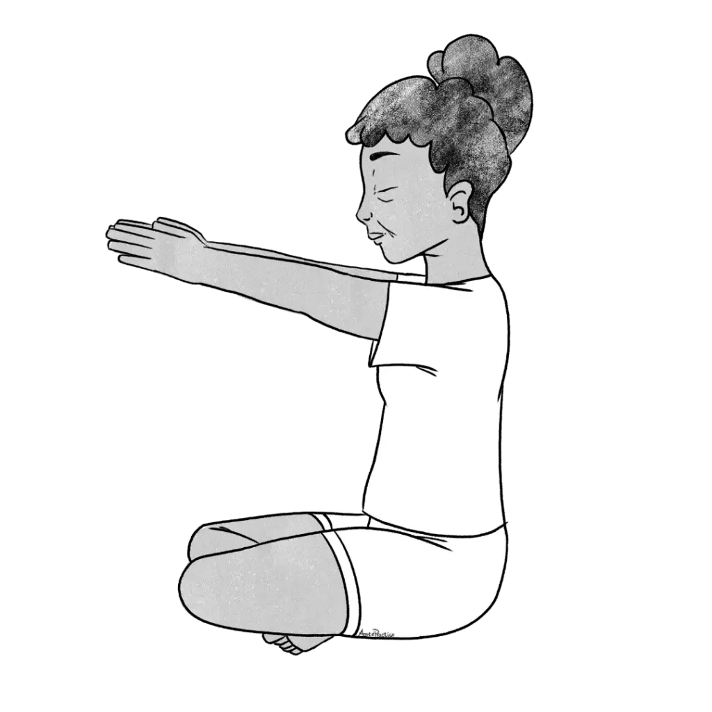 Illustration of Estelle sitting in easy pose with hands out in prayer poise parallel to the ground