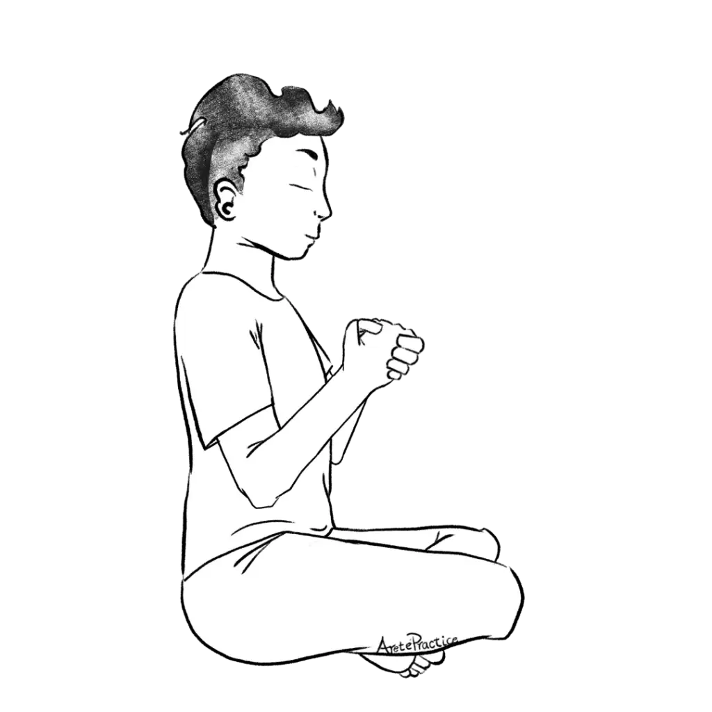 Illustration of George sitting in easy pose, in side view with three stroke breath mudra