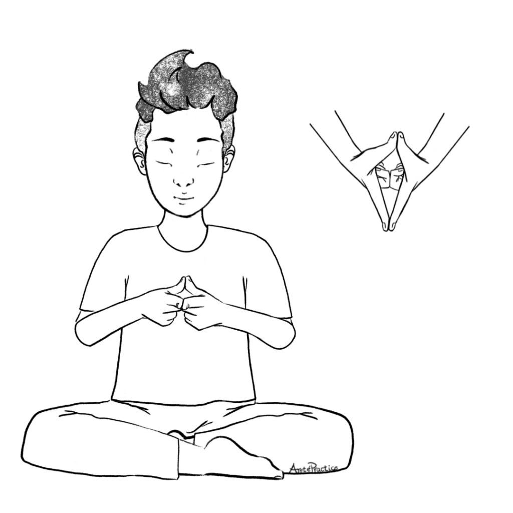 Ilustración de George sentado en pose fácil con las manos en triángulo en el centro del corazón