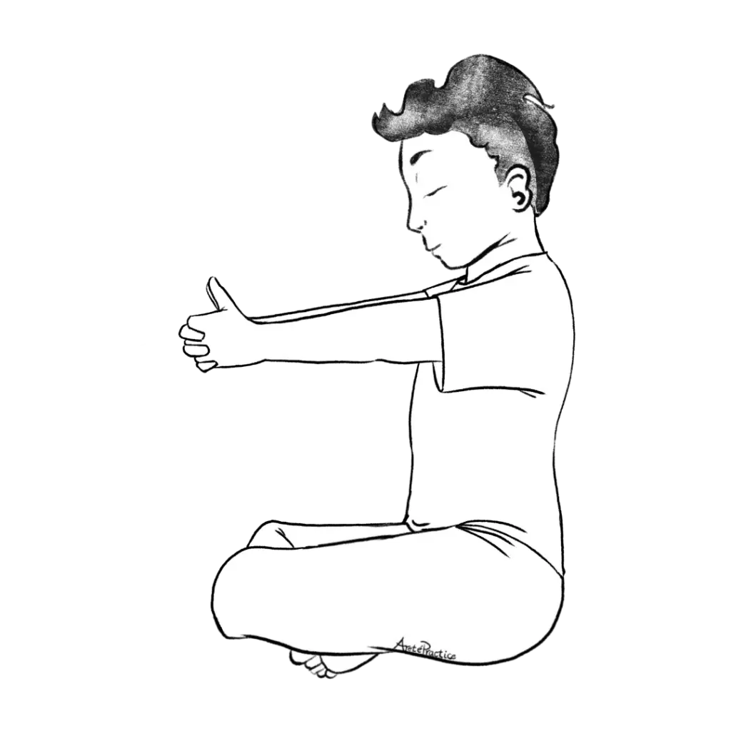 Illustration of George sitting in easy pose with hands in front, fingers interlaced thumbs up