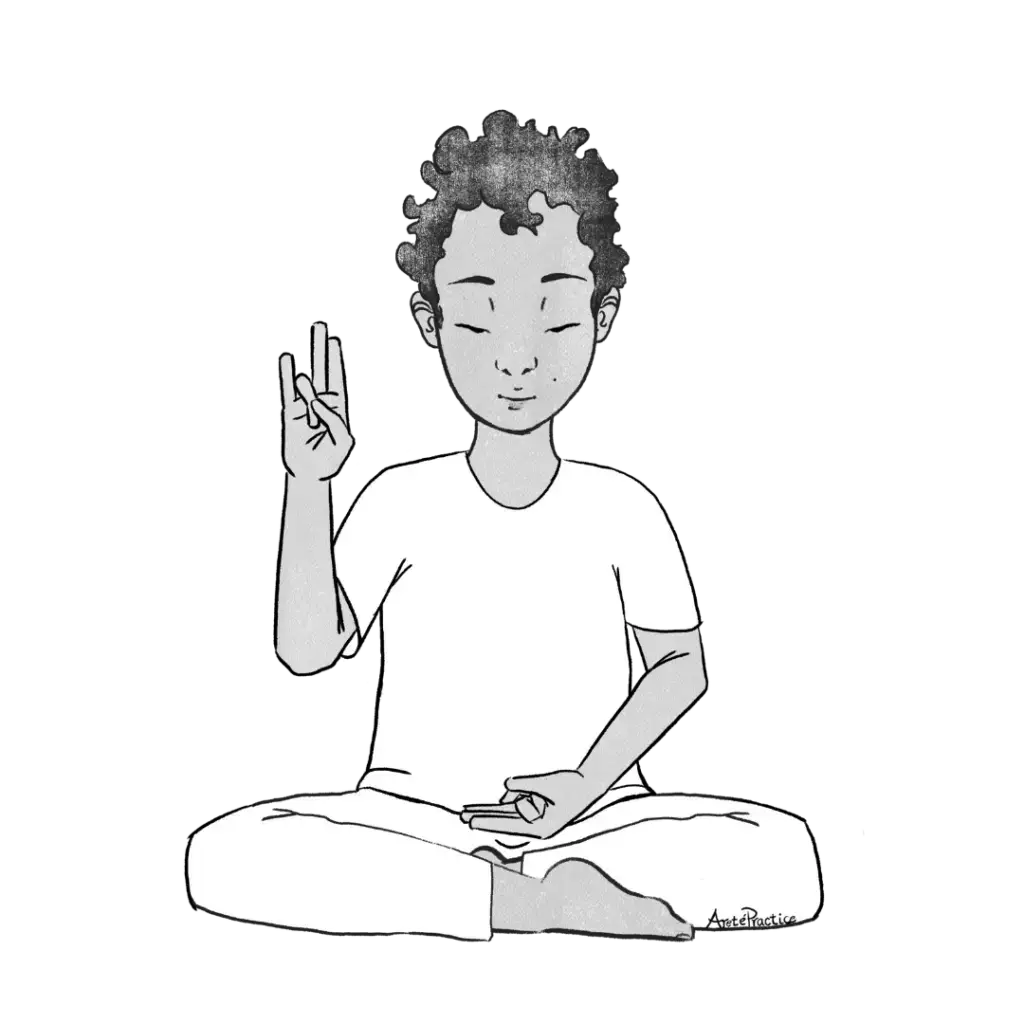 Illustration of Jerry sitting in easy pose, holding the right hand at ear level with the ring finger and thumb touching, and left hand resting in the lap with the little finger touching the thumb tip.