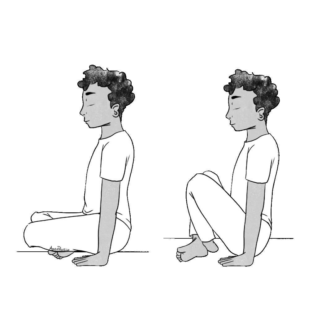 Ilustração de Jerry sentado em pose fácil, inclinado para a frente, com os joelhos afastados do chão. Fazendo levantamento de glúteos.