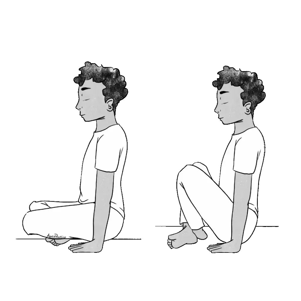 Illustration of Jerry sitting in easy pose leaning forward, knees off ground. Doing Butt lifts