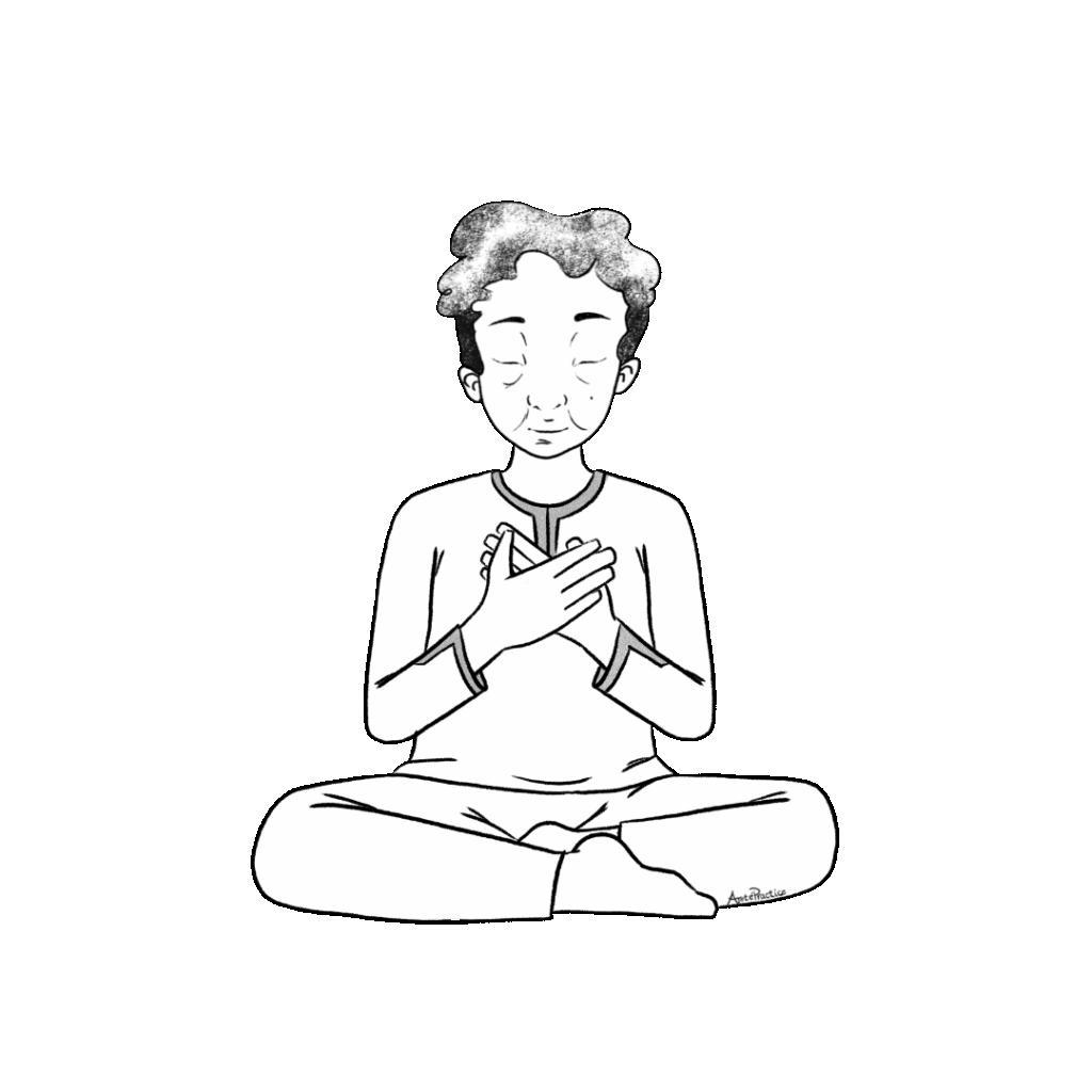 Ilustração de Kramer sentado em pose fácil com as mãos no centro do coração