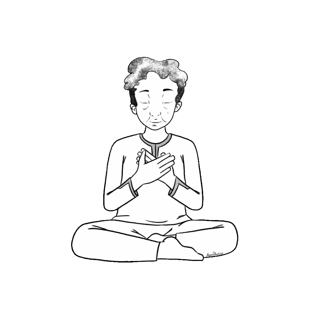 Illustration of Kramer sitting in easy pose with hands at heart center