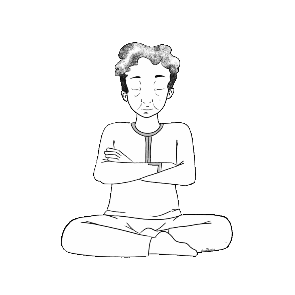 Ilustração de Kramer sentado em pose fácil com os braços cruzados.