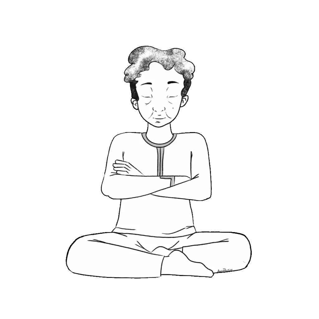 Illustration of Kramer sitting in easy pose with arms crossed.