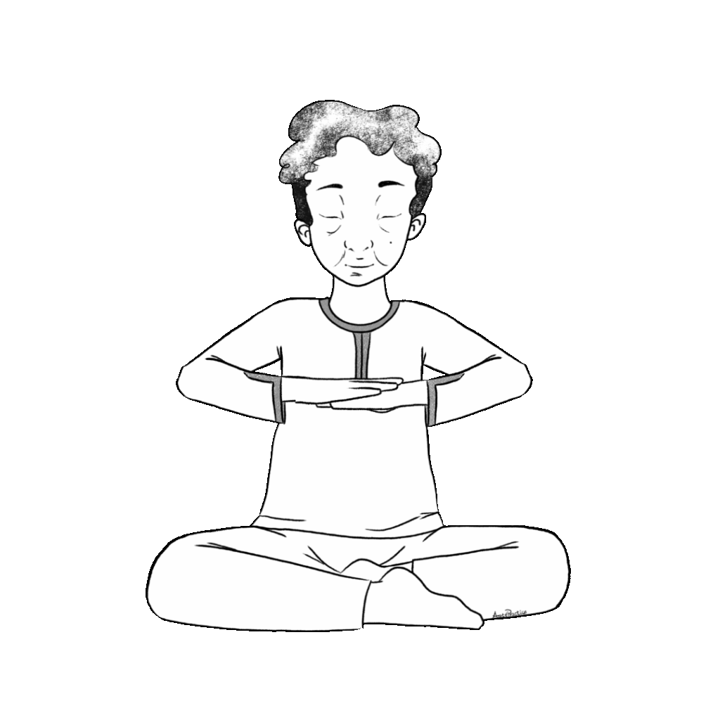 Ilustração de Kramer sentado em pose fácil com as mãos juntas e voltadas para baixo.