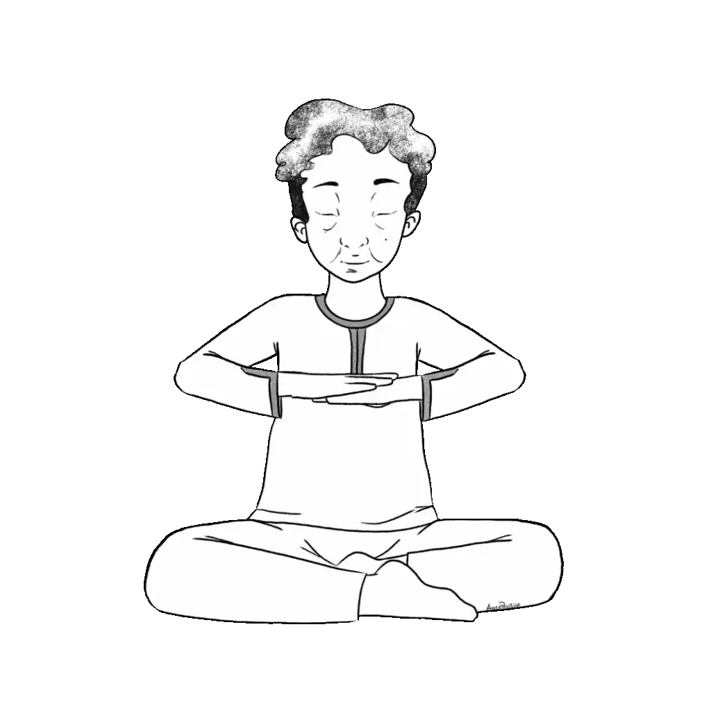 Illustration of Kramer sitting in easy pose with hands together facing down.