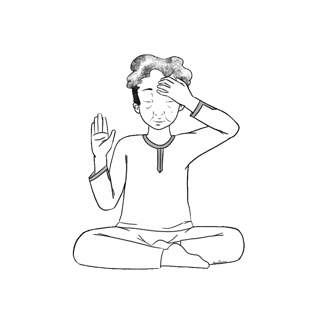 Ilustração de Kramer sentado em pose fácil com a mão direita para a frente e a mão esquerda na testa