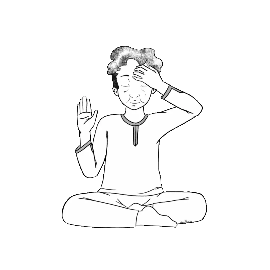 Illustration of Kramer sitting in easy pose with right hand forward and left hand on forehead