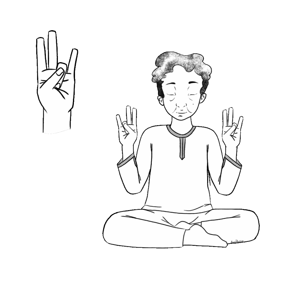 Ilustración de Kramer sentado en postura fácil haciendo la postura del mudra Declárate Divino