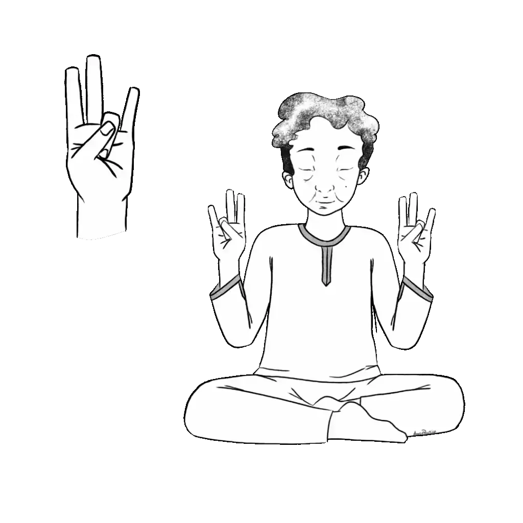 Illustration of Kramer sitting in easy pose doing the Declare Yourself Divine Mudra pose