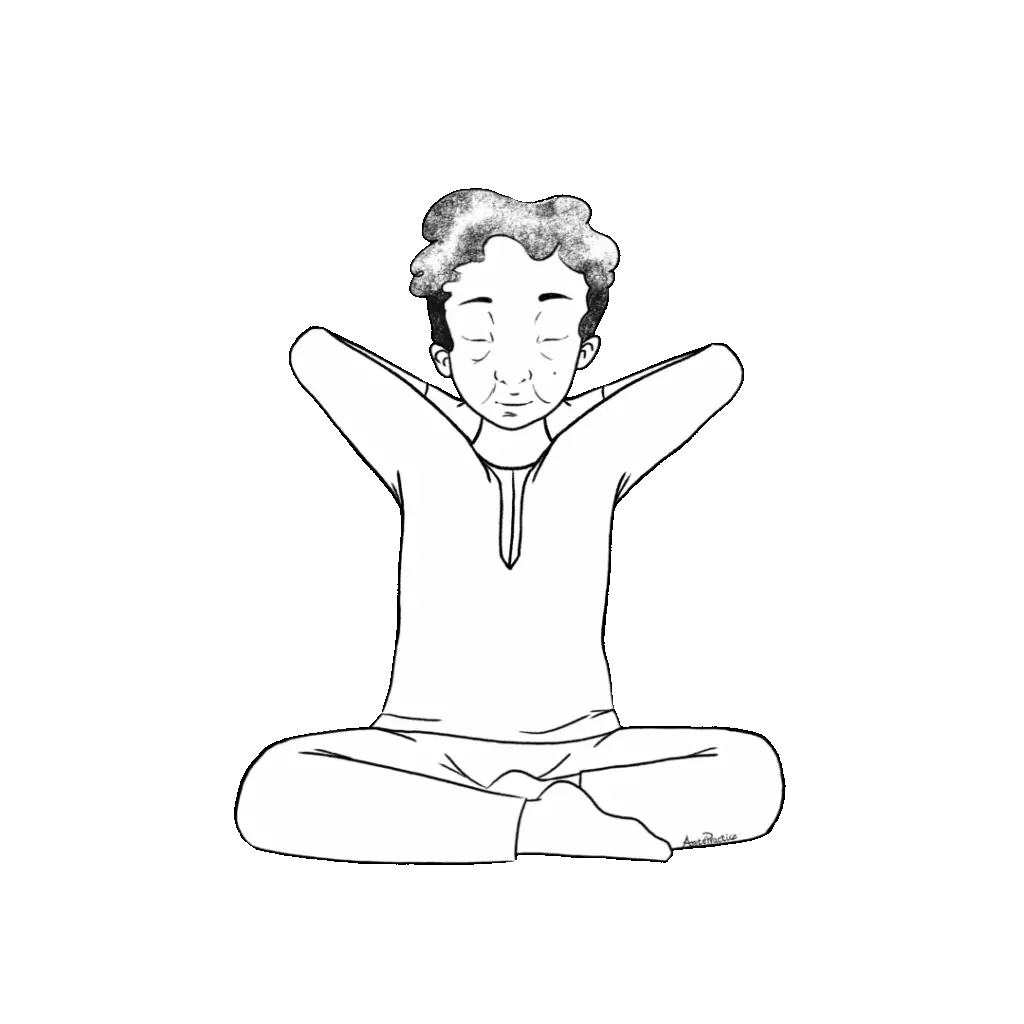 Illustration of Kramer sitting in easy pose with hands interlaced behind neck.