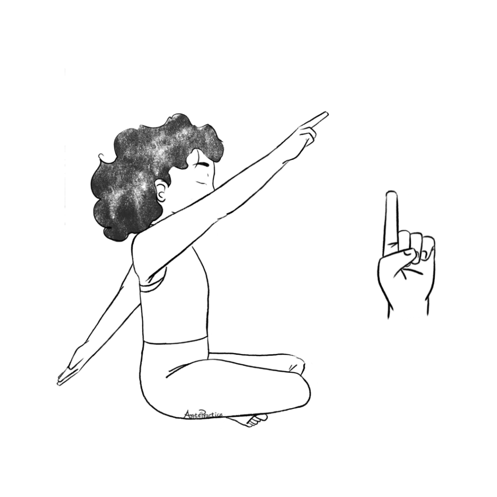 Illustration of Susan sitting in easy pose with right arm raising up and out in front at 60 - degree angle above parallel and palm facing down. Index finger pointing up