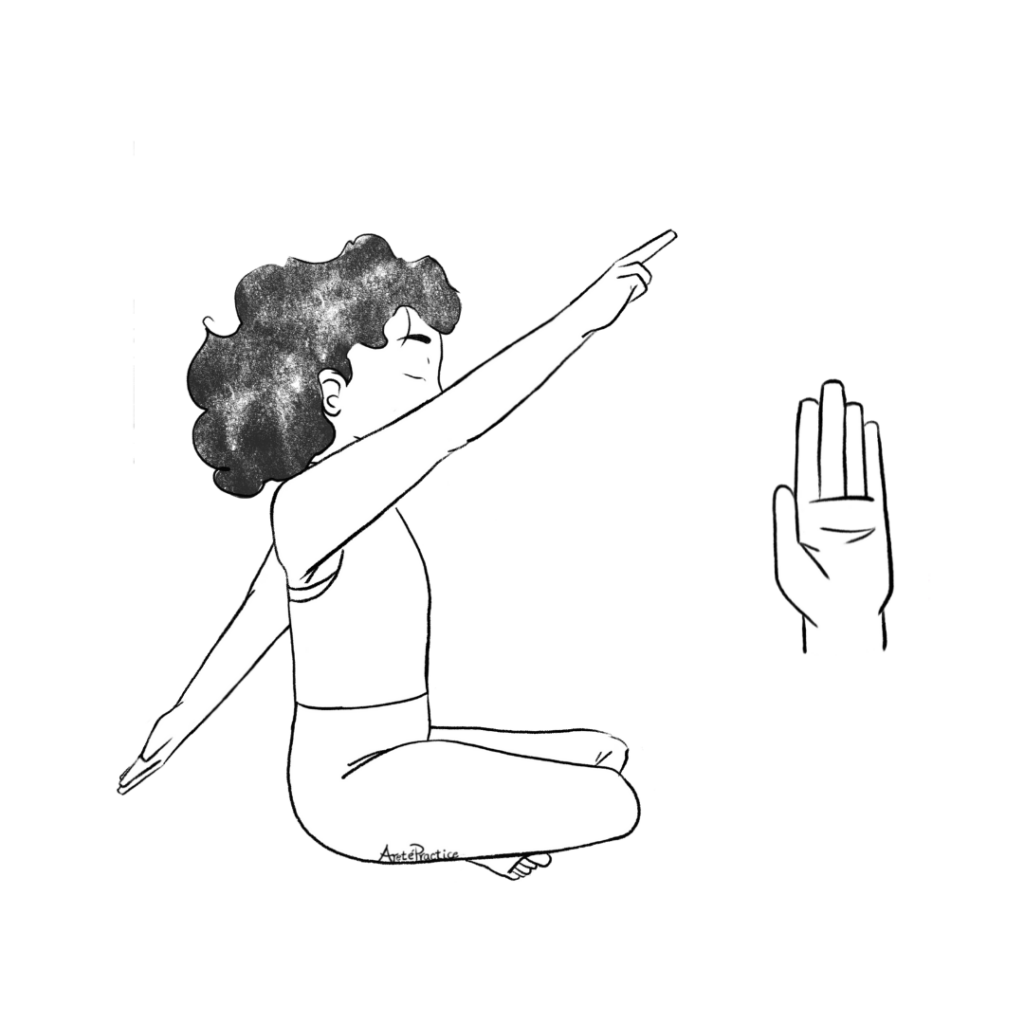 Illustration of Elaine sitting in easy pose with right arm raising up and out in front at 60-degree angle above parallel and palm facing down. fingers extended on both hands