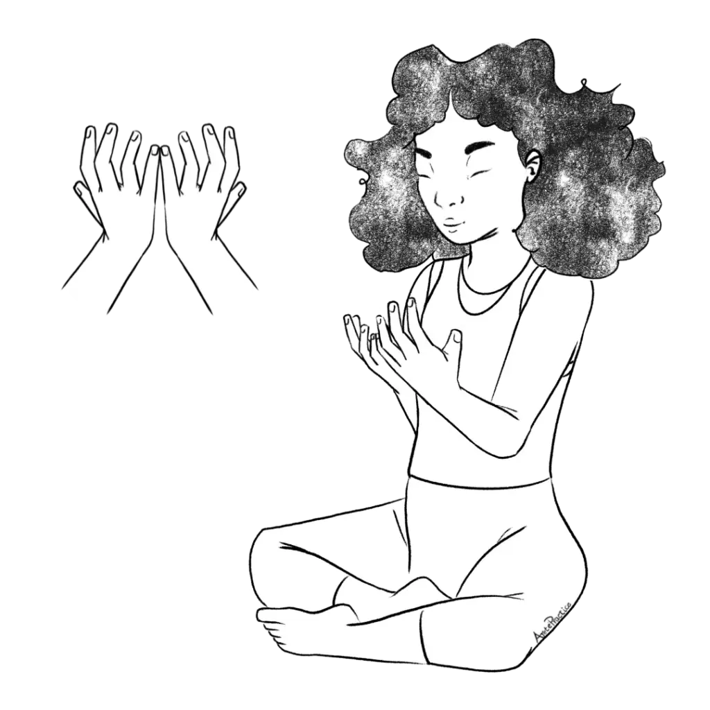 Illustration of Susan sitting in easy pose doing the Four-stroke Breath for Rejuvenation Posture