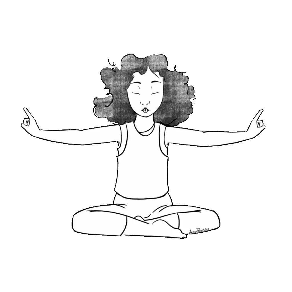 Illustration of Susan sitting in easy pose with hands extended parallel to the ground and the index finger up.
