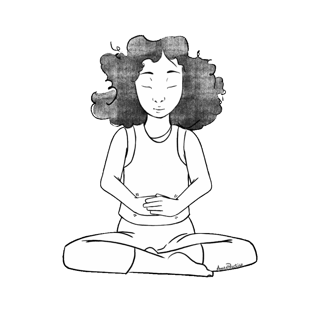 Ilustração de Susan sentada em pose fácil com as mãos no umbigo