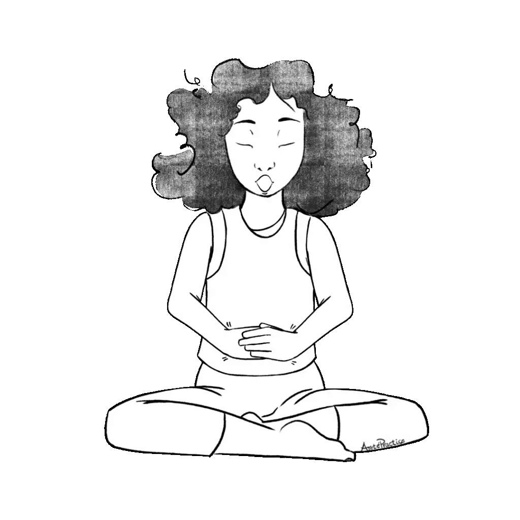 Illustration of Susan sitting in easy pose with hands on navel and mouth in "O"